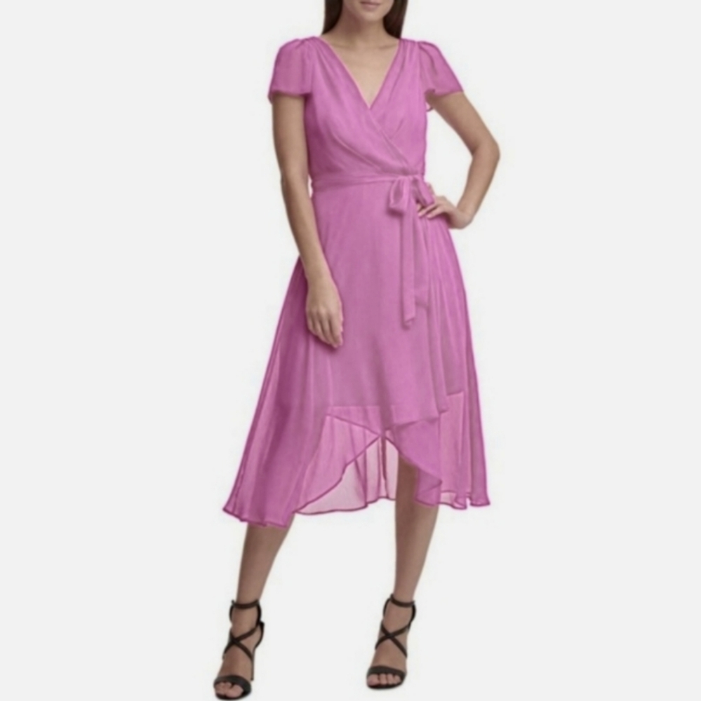 DKNY Faux Wrap Chiffon Midi Dress Pink Flutter Sleeve Wedding Guest NWT 6